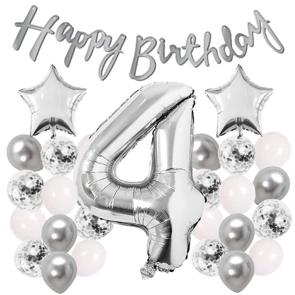 Gümüş Konsept 4 Yaş Doğum Günü Kutlama Seti Beyaz Gümüş Konfetili Balon Rakam Yıldız Folyo ve Banner
