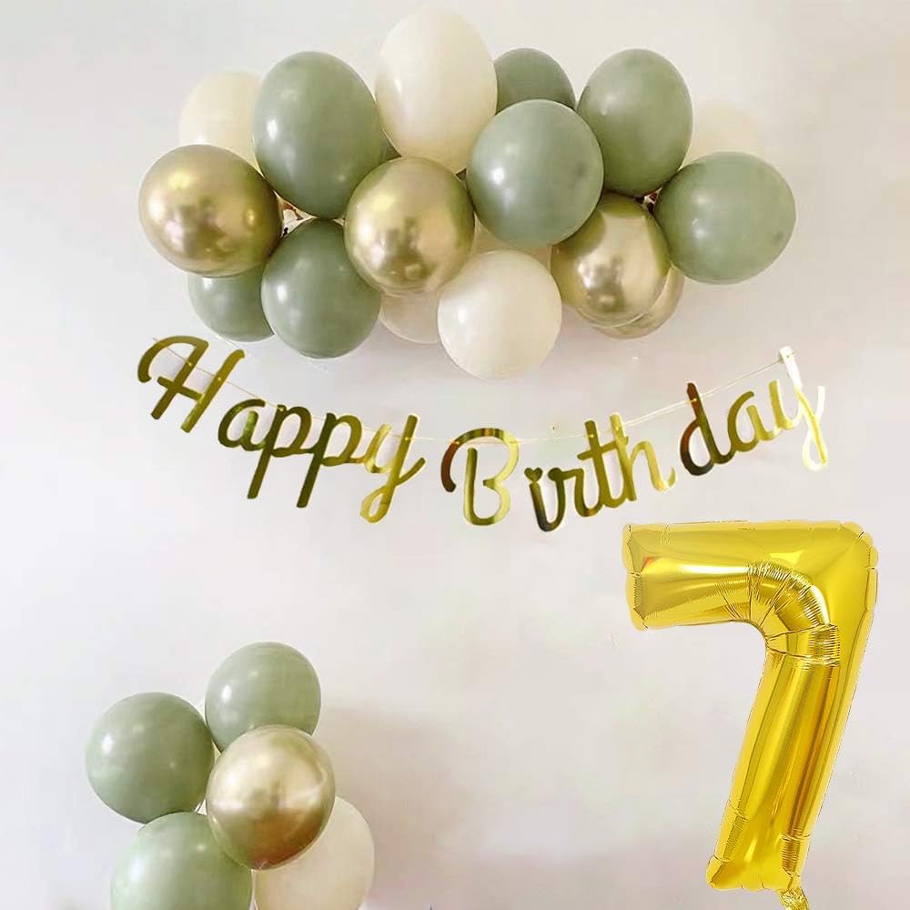 7 Yaş Küf Yeşili, Deniz Kumu ve Krom Gold Balonlu Konsept Doğum Günü Seti