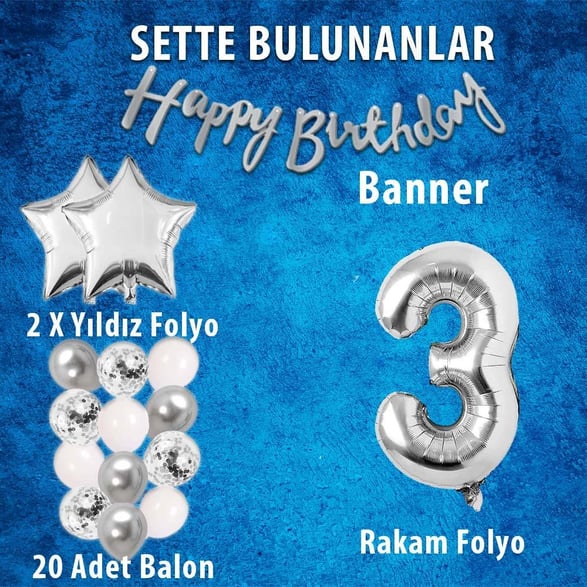 Gümüş Konsept 3 Yaş Doğum Günü Kutlama Seti Beyaz Gümüş Konfetili Balon Rakam Yıldız Folyo ve Banner