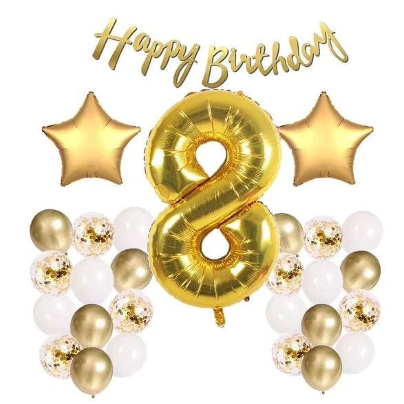 Gold Konsept 8 Yaş Doğum Günü Kutlama Seti; Beyaz Gold Konfetili Balon, Rakam Yıldız Folyo ve Banner