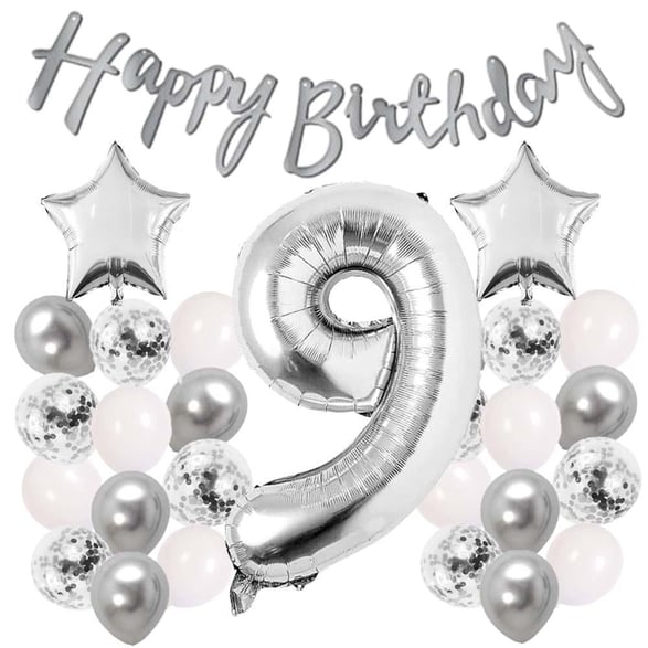 Gümüş Konsept 9 Yaş Doğum Günü Kutlama Seti Beyaz Gümüş Konfetili Balon Rakam Yıldız Folyo ve Banner