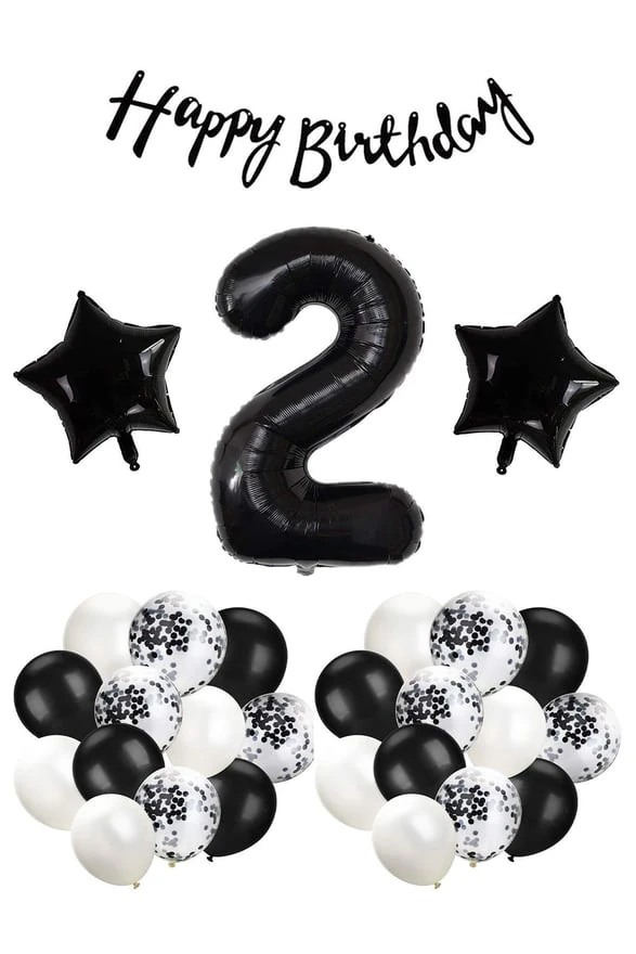 Favorilere Ekle 0.0Siyah Konsept 2 Yaş Doğum Günü Kutlama Seti; Beyaz Siyah Konfetili Balon, Rakam Yıldız Folyo ve Banner