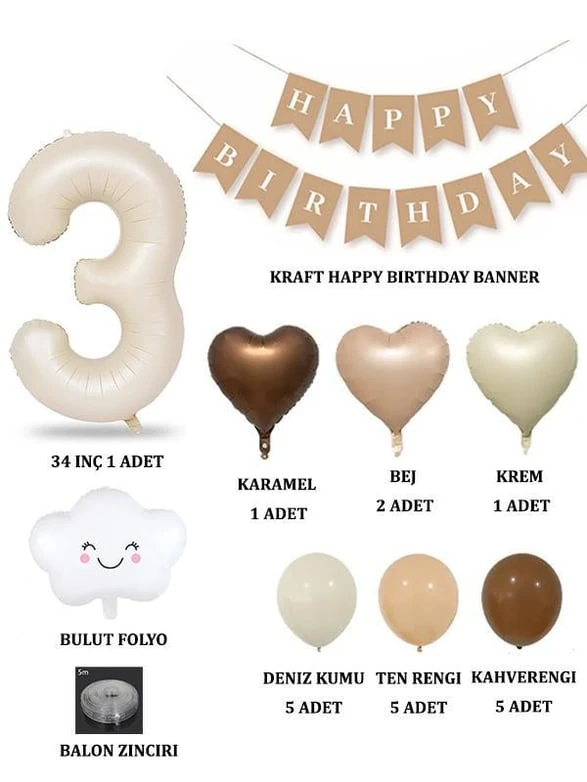 Favorilere Ekle 0.03 Yaş Retro Doğum Günü Seti; Krem Rakam Folyo, Banner, Kalp Folyo ve Lateks Balon