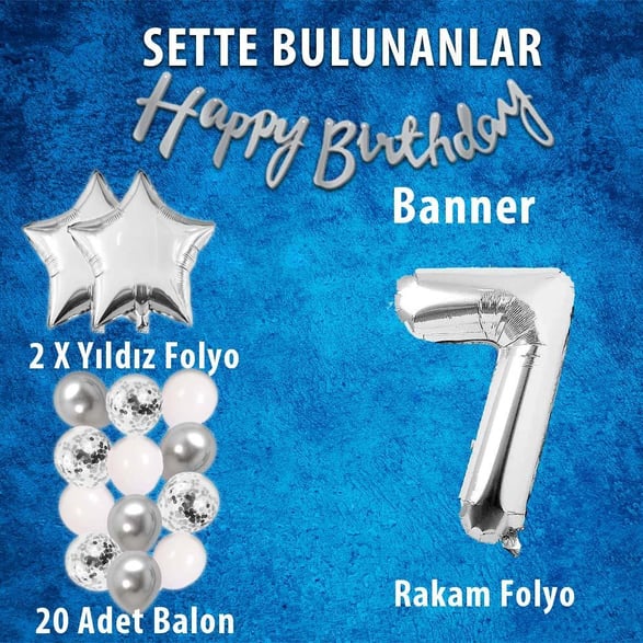 Gümüş Konsept 7 Yaş Doğum Günü Kutlama Seti Beyaz Gümüş Konfetili Balon Rakam Yıldız Folyo ve Banner
