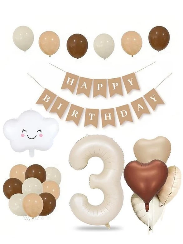 Favorilere Ekle 0.03 Yaş Retro Doğum Günü Seti; Krem Rakam Folyo, Banner, Kalp Folyo ve Lateks Balon