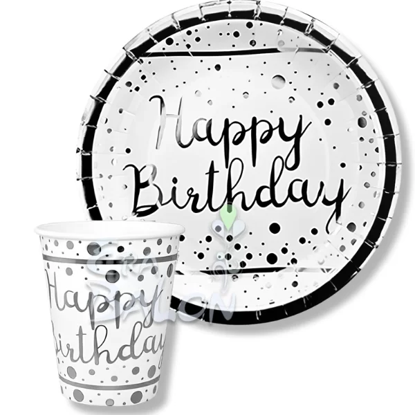 Tabak-Bardak Varaklı Happy Bırtdhday Beyaz-Gümüş 6'lı