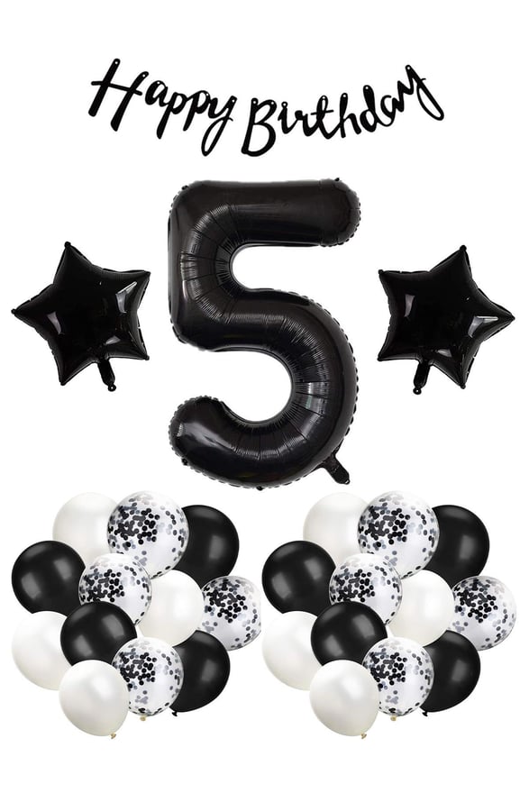 Siyah Konsept 5 Yaş Doğum Günü Kutlama Seti; Beyaz Siyah Konfetili Balon, Rakam Yıldız Folyo ve Banner