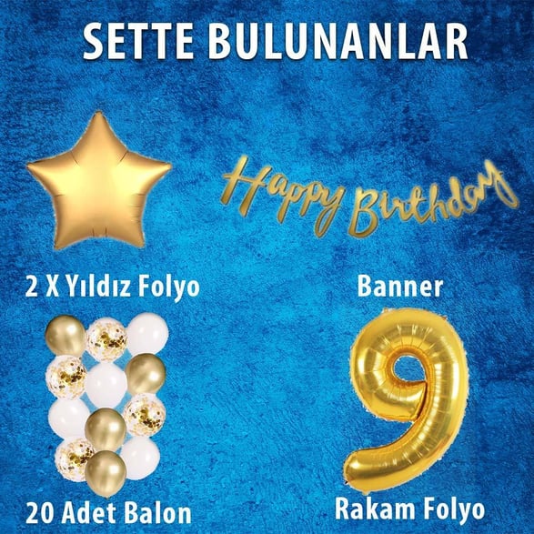 Gold Konsept 9 Yaş Doğum Günü Kutlama Seti; Beyaz Gold Konfetili Balon, Rakam Yıldız Folyo ve Banner