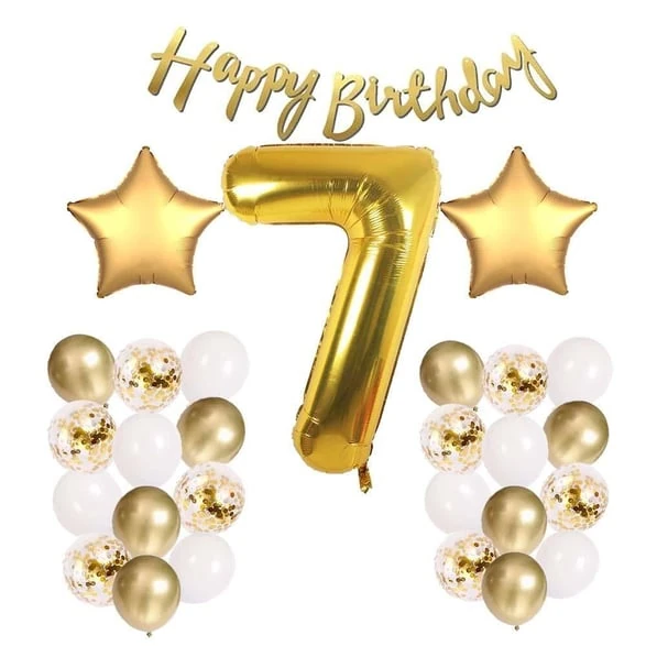 Gold Konsept 7 Yaş Doğum Günü Kutlama Seti; Beyaz Gold Konfetili Balon, Rakam Yıldız Folyo ve Banner