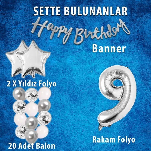 Gümüş Konsept 9 Yaş Doğum Günü Kutlama Seti Beyaz Gümüş Konfetili Balon Rakam Yıldız Folyo ve Banner