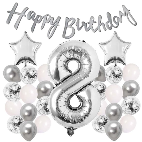 Gümüş Konsept 8 Yaş Doğum Günü Kutlama Seti Beyaz Gümüş Konfetili Balon Rakam Yıldız Folyo ve Banner