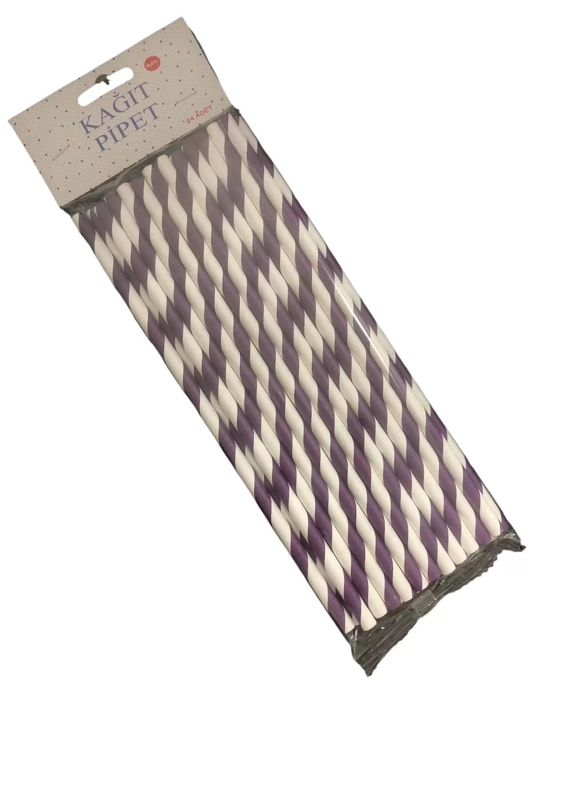Kağıt Pipet Çizgili Mor-Beyaz 24'lü