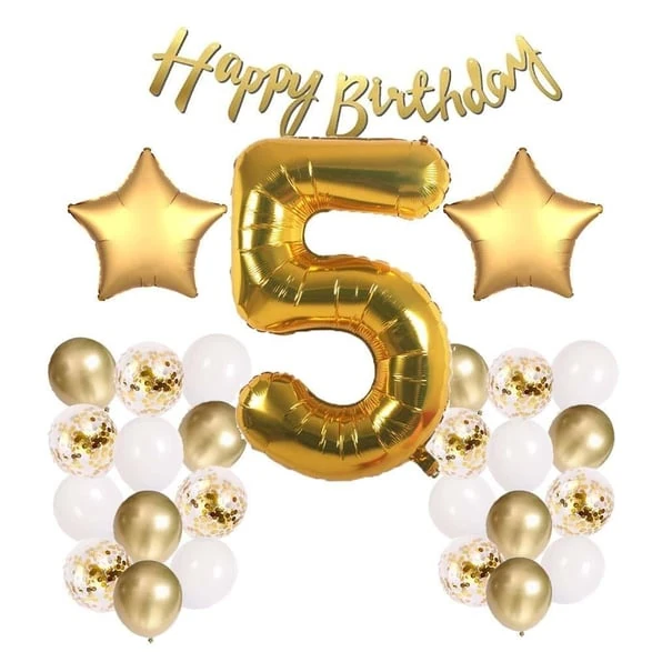 Gold Konsept 5 Yaş Doğum Günü Kutlama Seti; Beyaz Gold Konfetili Balon, Rakam Yıldız Folyo ve Banner