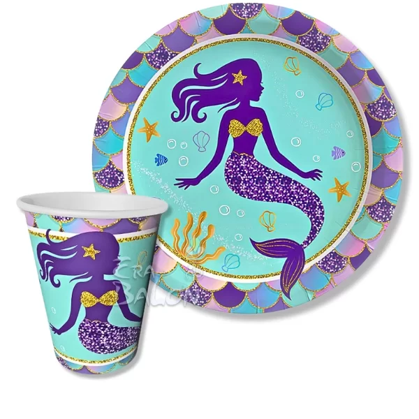 Tabak-Bardak Baskılı Pırıltılı Deniz Kızı 8'li