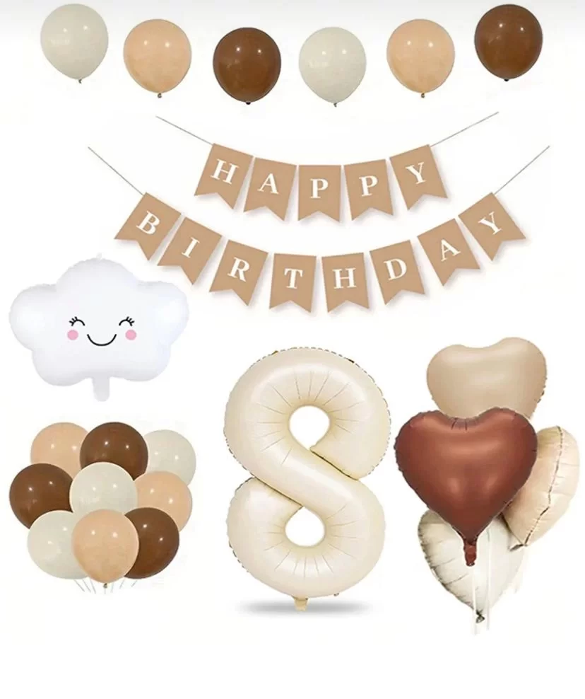 Retro Krem bej 8 yaş folyo balon seti ve kraft happy birthday flama