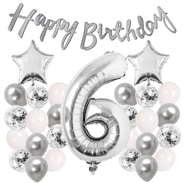 Gümüş Konsept 6 Yaş Doğum Günü Kutlama Seti Beyaz Gümüş Konfetili Balon Rakam Yıldız Folyo ve Banner