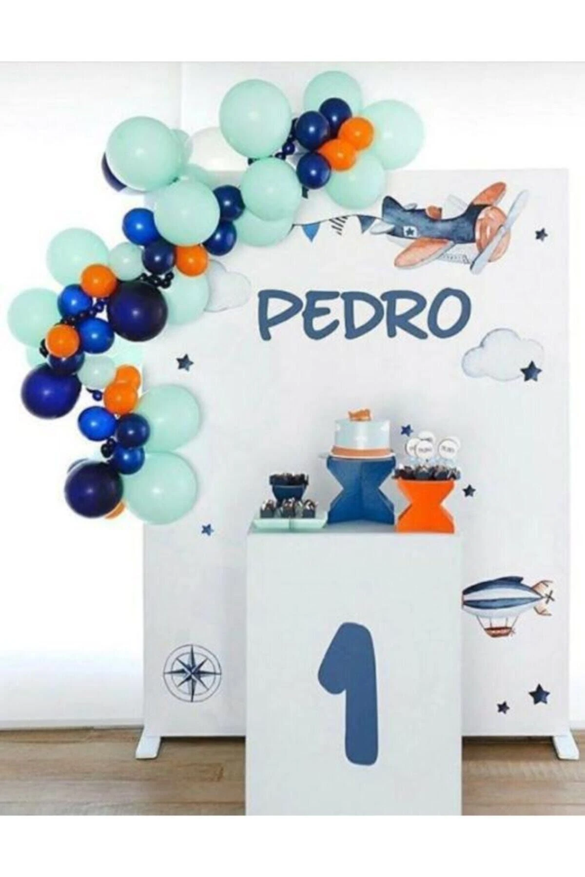 Uzay Temalı Balon Zincir Koyu Mavi Turuncu Mint Yeşil Yeşil 100 Adet