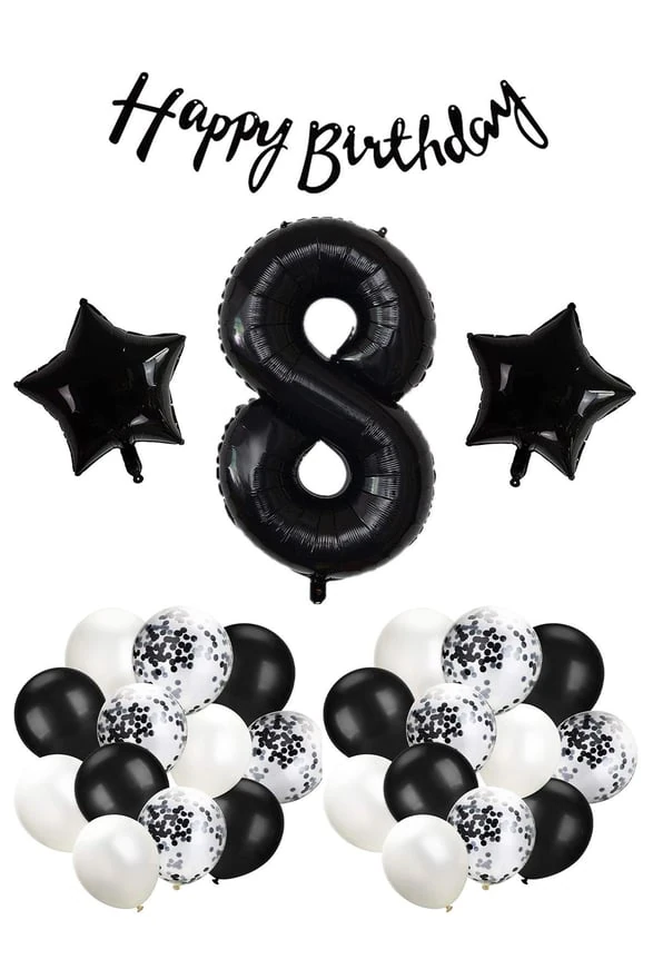 Siyah Konsept 8 Yaş Doğum Günü Kutlama Seti; Beyaz Siyah Konfetili Balon, Rakam Yıldız Folyo ve Banne
