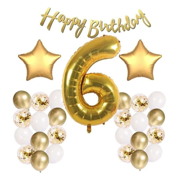 Gold Konsept 6 Yaş Doğum Günü Kutlama Seti; Beyaz Gold Konfetili Balon, Rakam Yıldız Folyo ve Banner