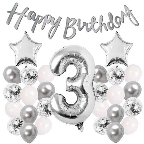 Gümüş Konsept 3 Yaş Doğum Günü Kutlama Seti Beyaz Gümüş Konfetili Balon Rakam Yıldız Folyo ve Banner