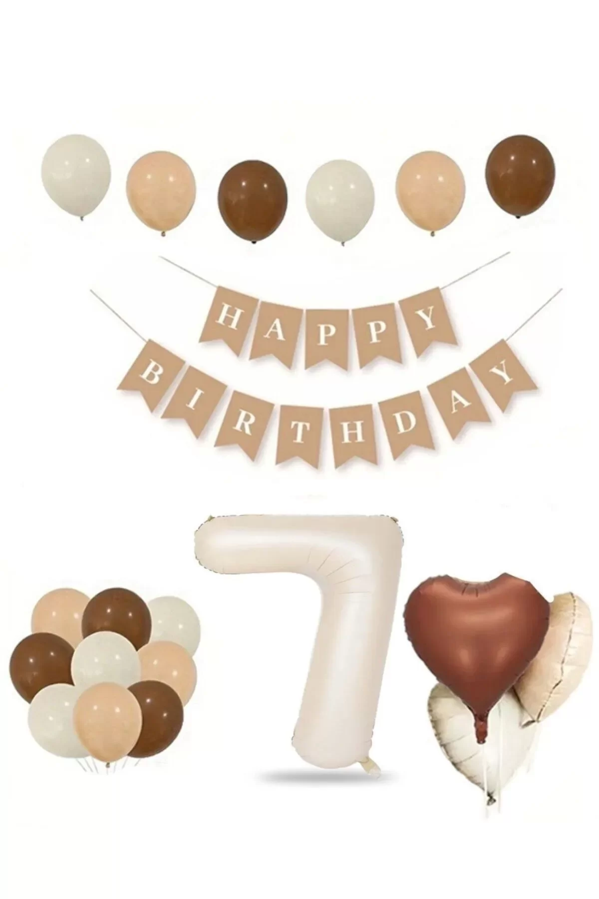 7 YAŞ Retro Doğum Günü Seti; Krem Rakam Folyo, Banner, Kalp Folyo ve Lateks Balon