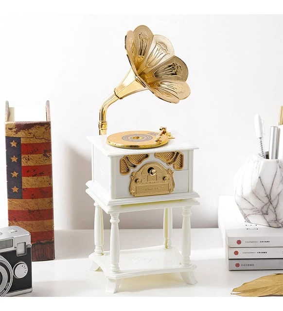 Nostaljik Sehpalı Çekmeceli Beyaz Gramofon Müzik Kutusu