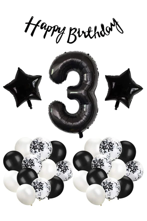 Siyah Konsept 3 Yaş Doğum Günü Kutlama Seti; Beyaz Siyah Konfetili Balon, Rakam Yıldız Folyo ve Banner