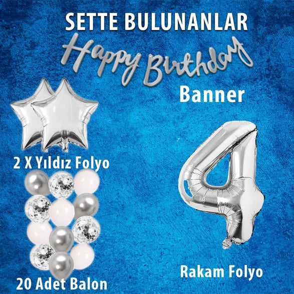 Gümüş Konsept 4 Yaş Doğum Günü Kutlama Seti Beyaz Gümüş Konfetili Balon Rakam Yıldız Folyo ve Banner