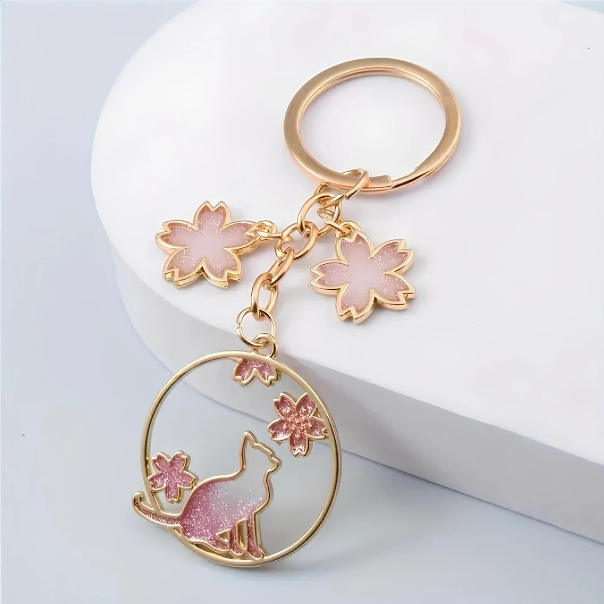 Pembe Çiçekli Kedi Anahtarlık