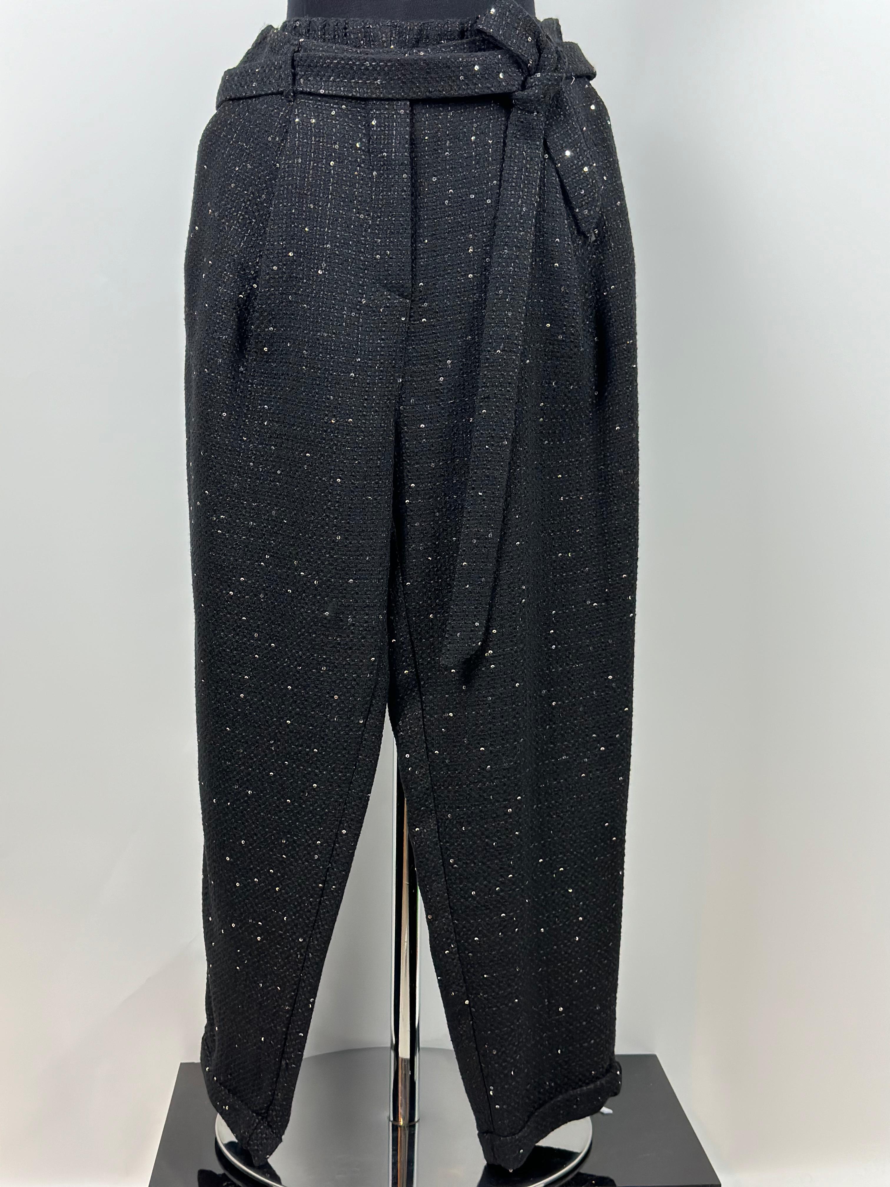 SİYAH TRİKO BELİ KEMERLİ PULLU PANTOLON