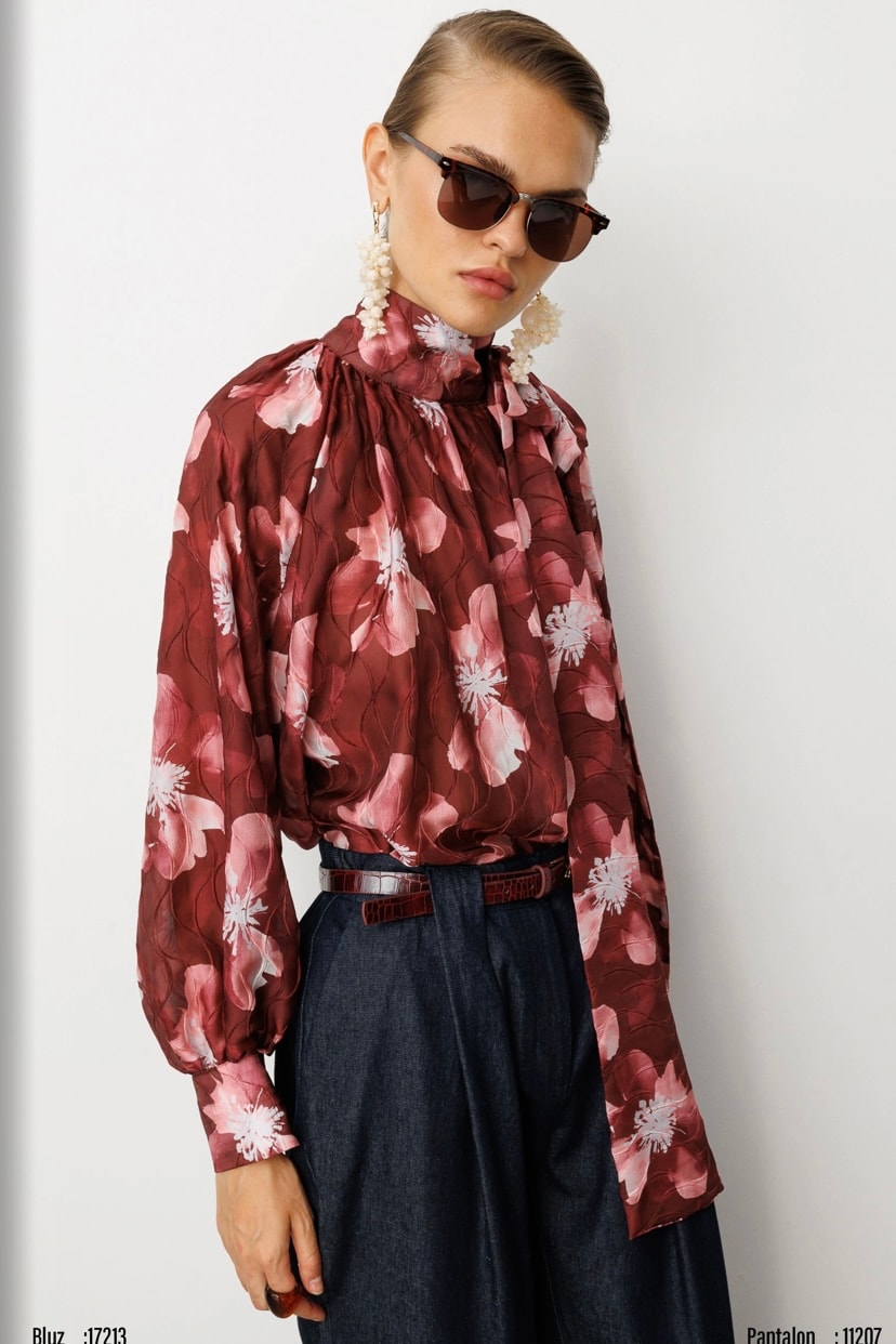 BORDO ÇİÇEKLİ GÖMLEK