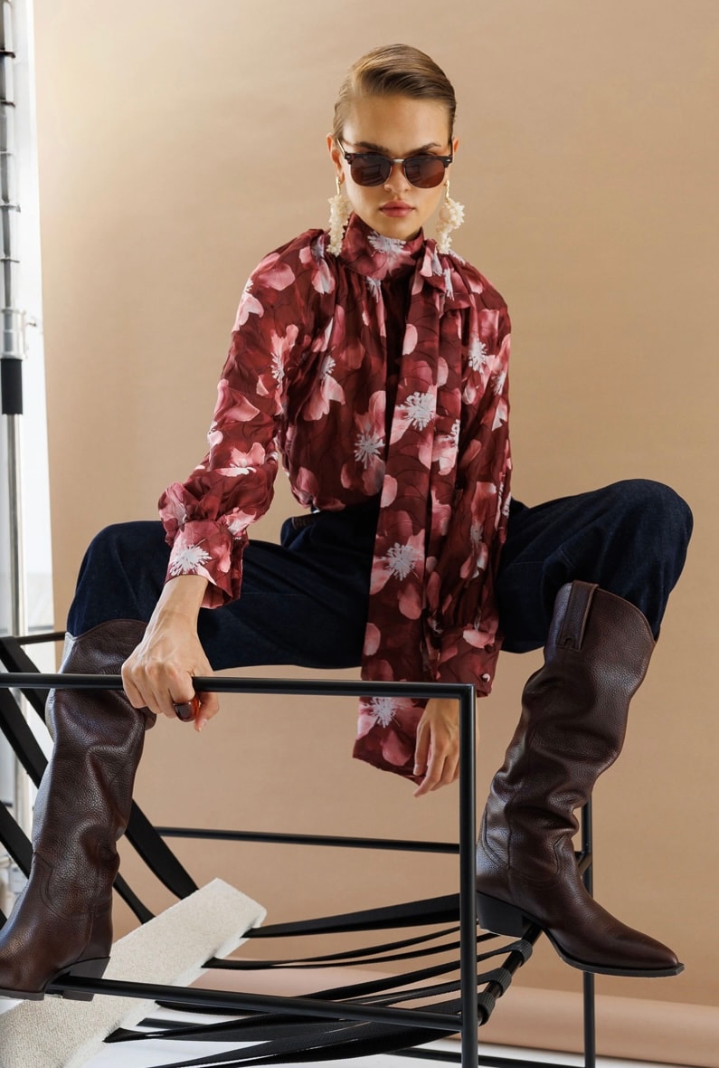 BORDO ÇİÇEKLİ GÖMLEK