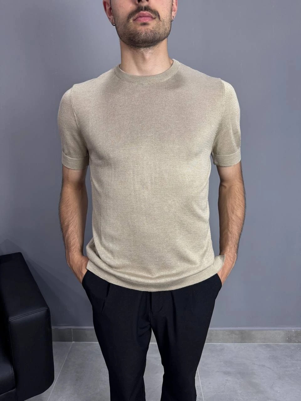 Bej Bisiklet Yaka Triko T-Shirt