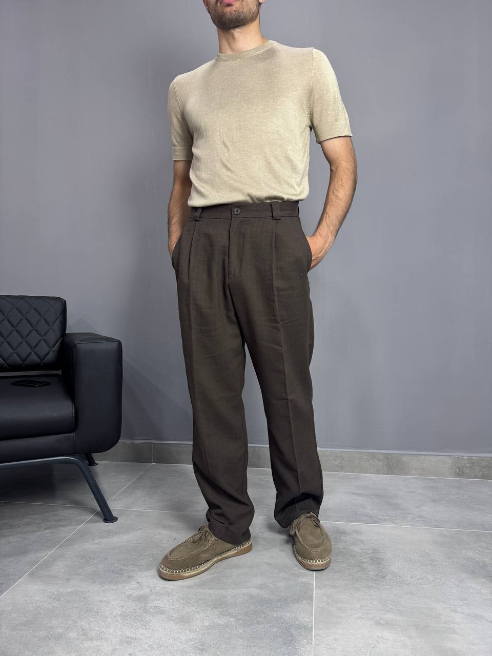 Kahverengi Baggy Keten Pantolon