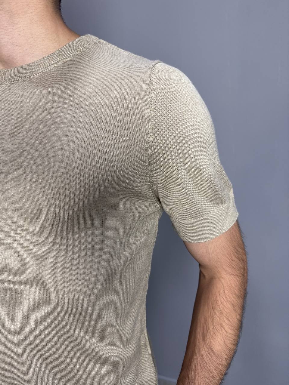 Bej Bisiklet Yaka Triko T-Shirt