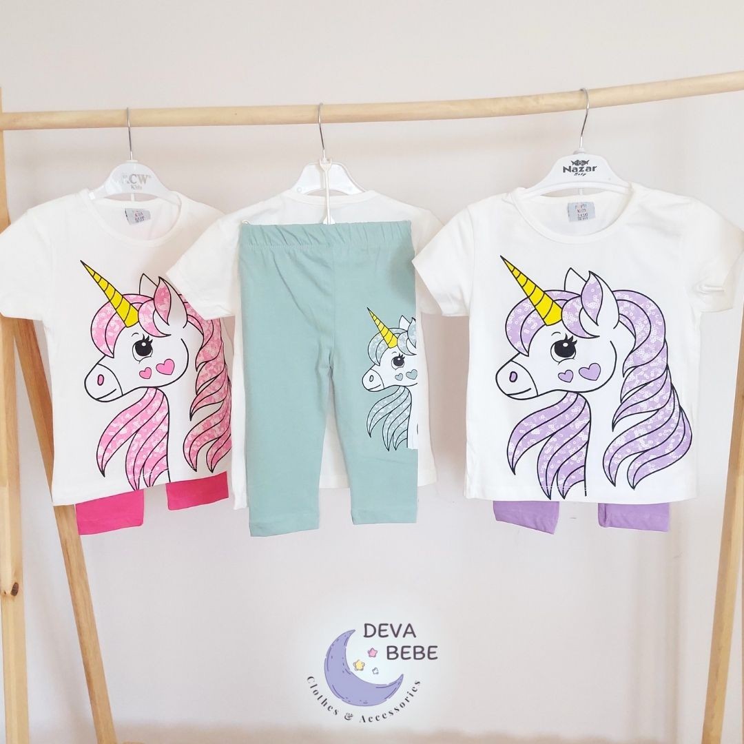 Unicorn Kapri Tayt Kız Çocuk Takım Pembe