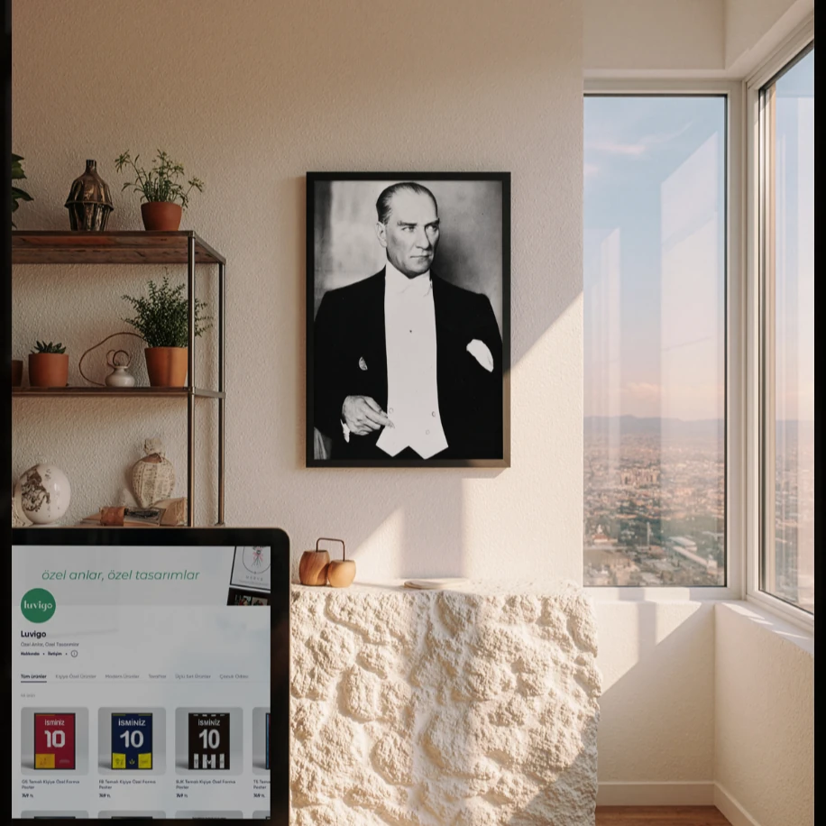 Atatürk Beyaz Papyonlu Portre Poster Siyah Beyaz Asil Duruş