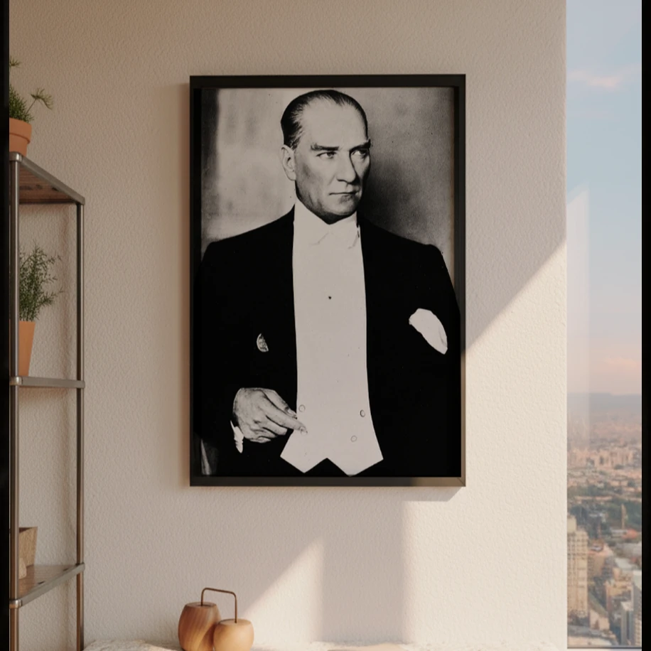 Atatürk Beyaz Papyonlu Portre Poster Siyah Beyaz Asil Duruş
