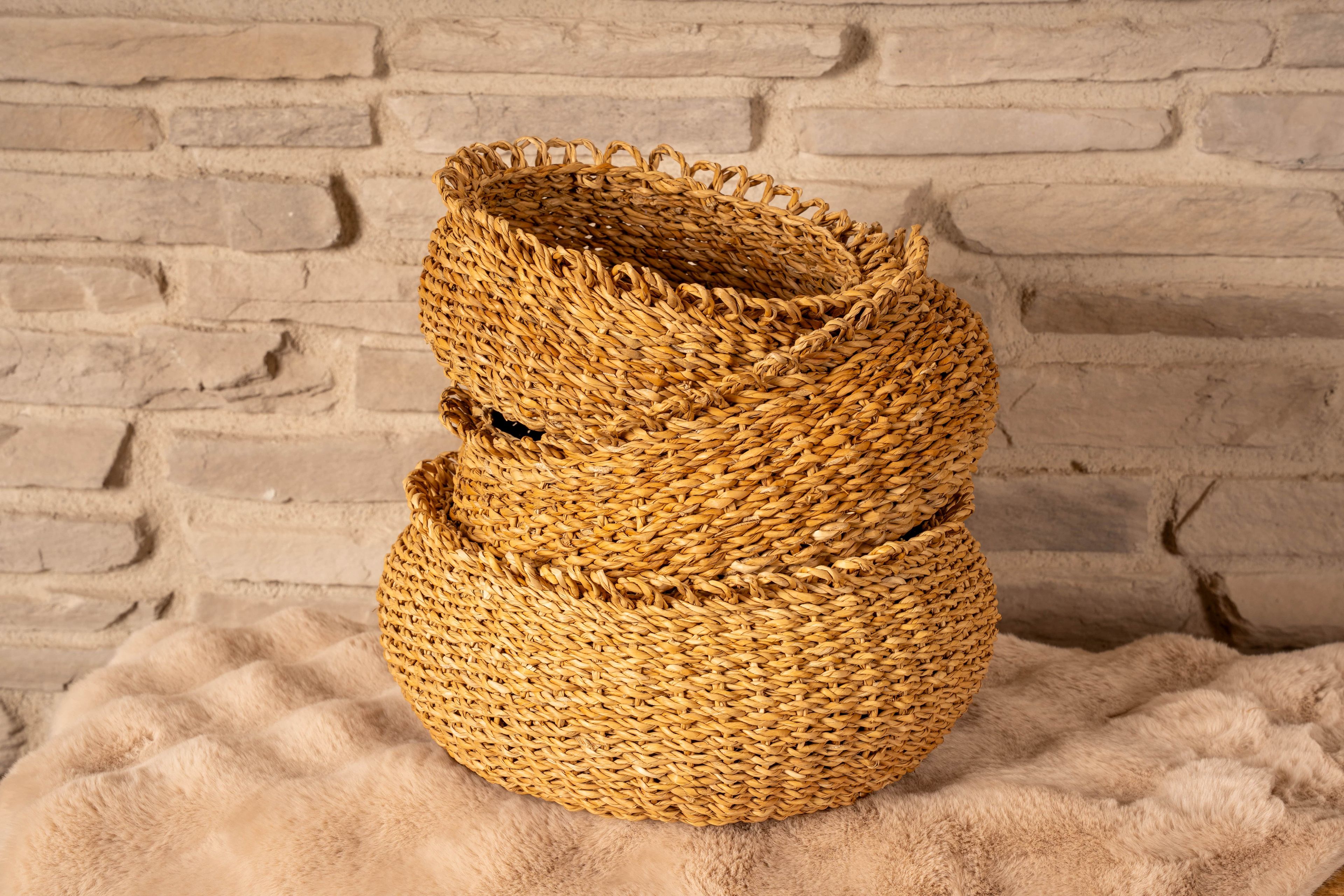 Yuvarlak Yassı Hasır Sepet Natural