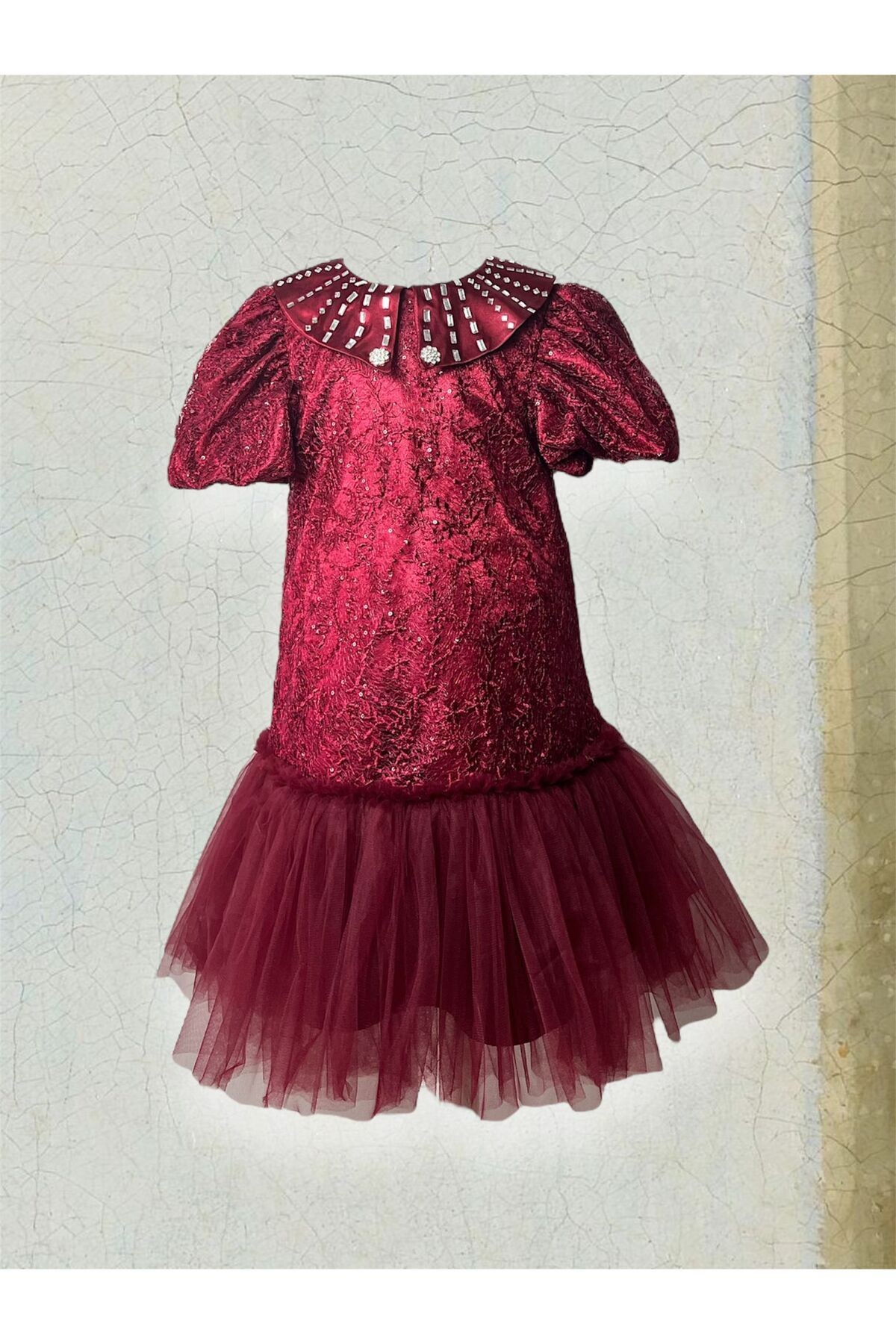 Balon Kol Güpürlü Bebe Yaka Kız Çocuk Elbise