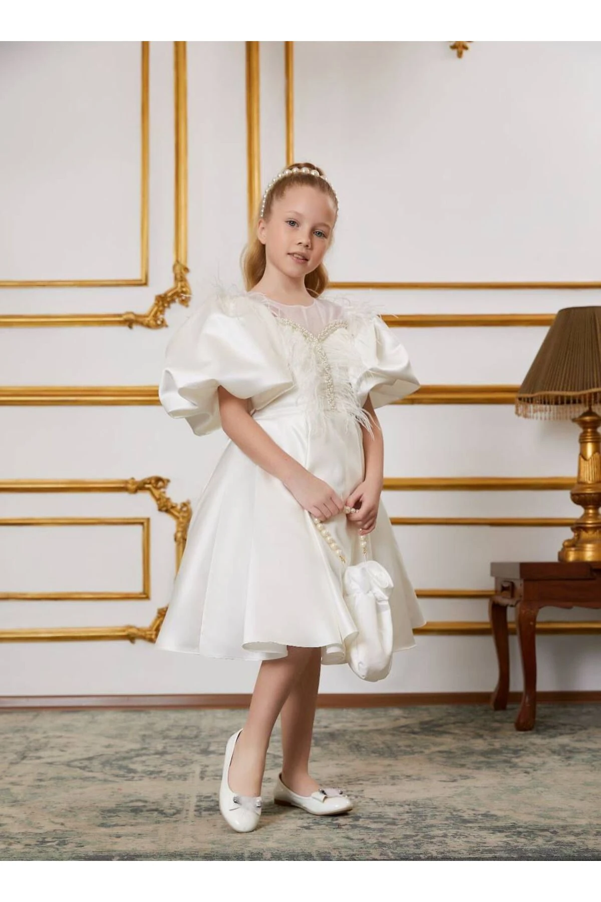 Yaka Detaylı Kısa Balon Kollu Kız Çocuk Abiye Elbise