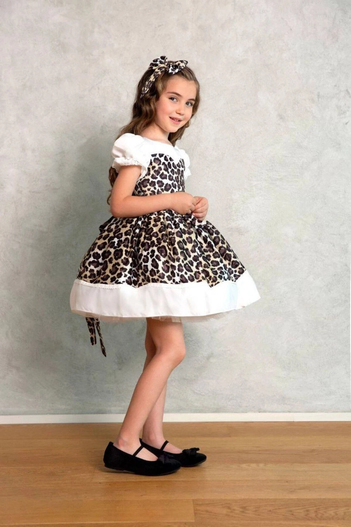 Kahverengi Leopar Desen Kız Çocuk Abiye