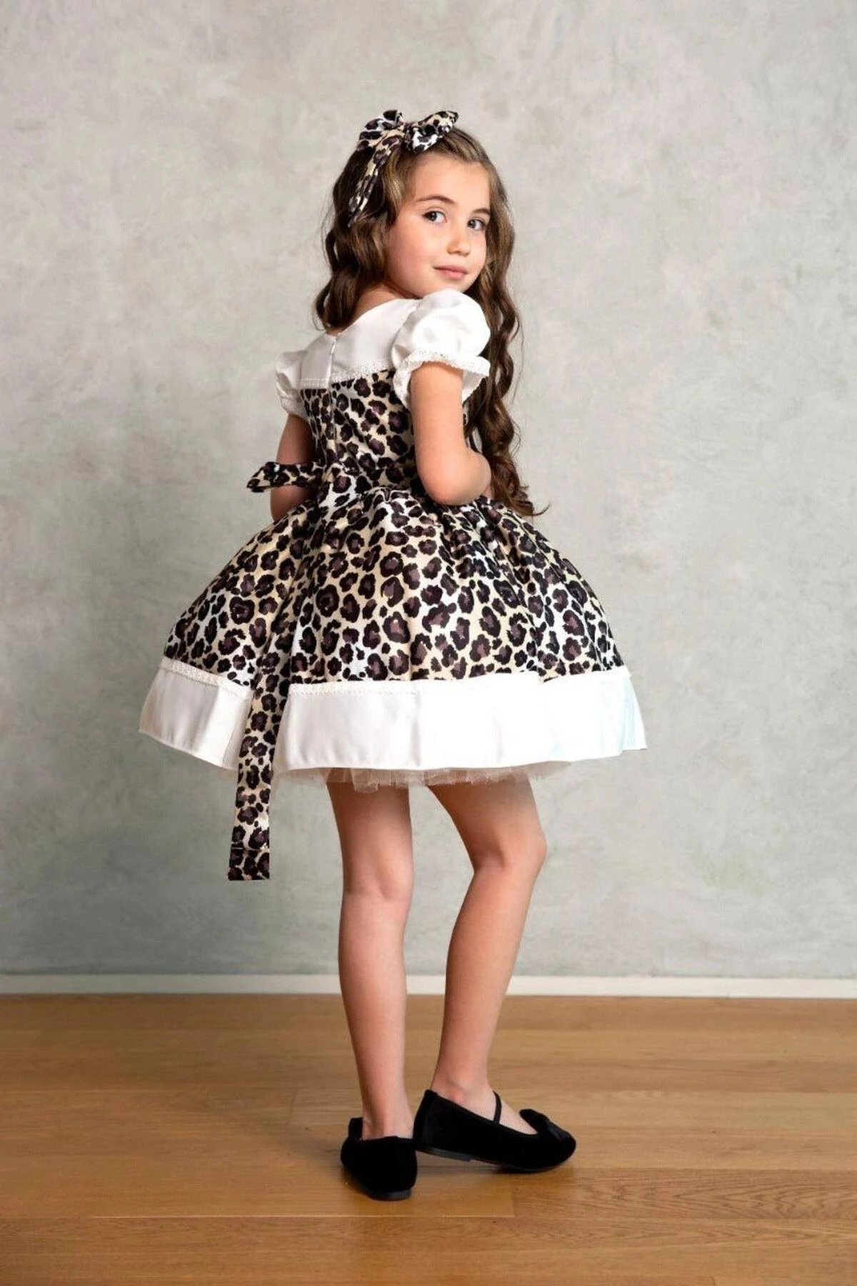 Kahverengi Leopar Desen Kız Çocuk Abiye