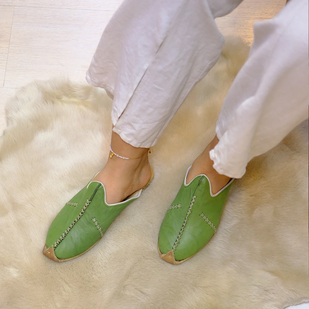 Saraçlı Burunlu Kadın Terlik - Yeşil