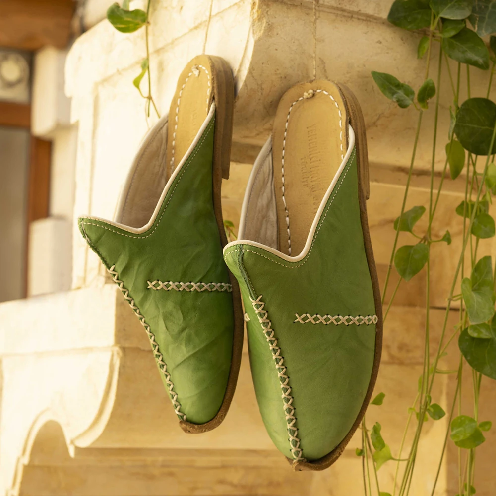 Saraçlı Burunlu Kadın Terlik - Yeşil