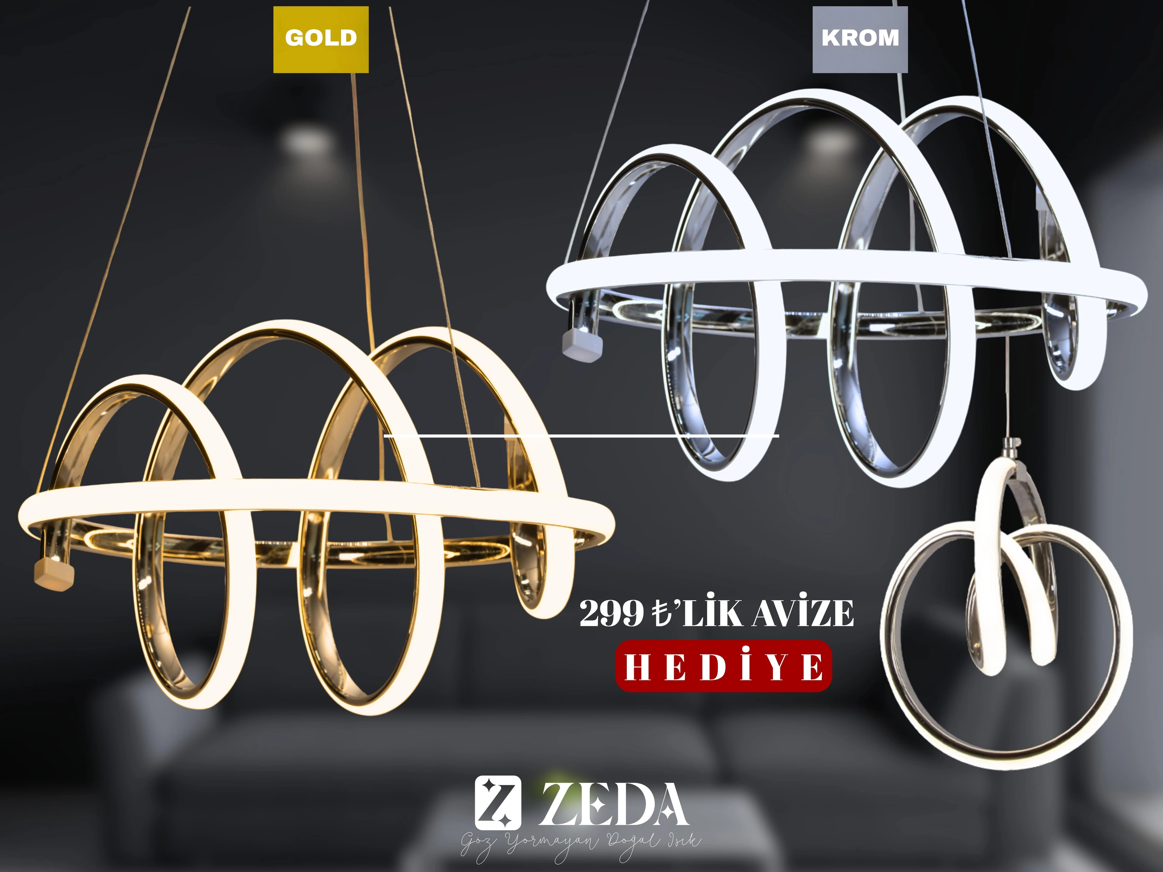 Hediyeli 2 Adet Güney Led Avize Gold ve Krom 