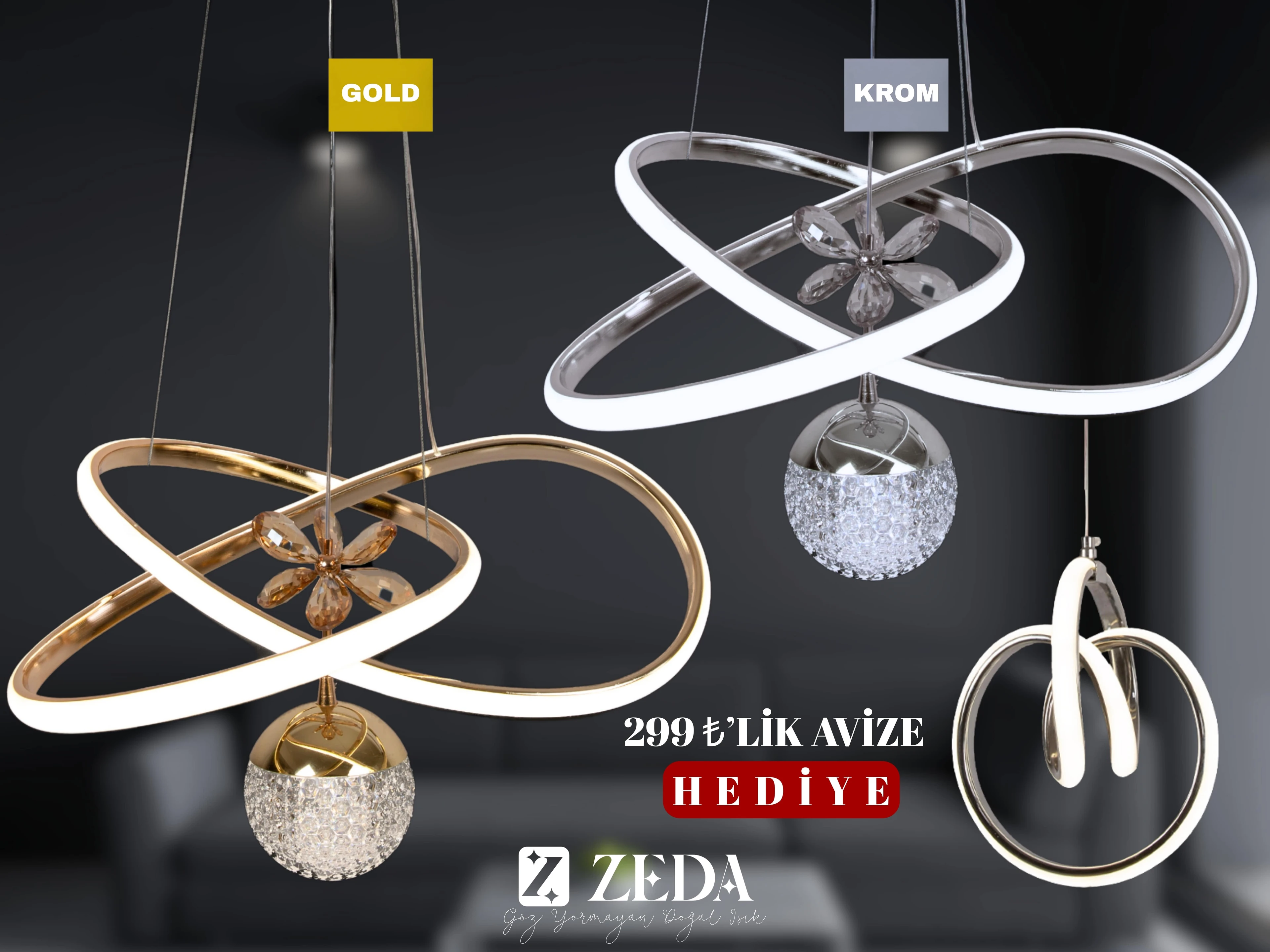 Hediyeli 2 Adet Orta Karçiçeği Led Avize Gold ve Krom