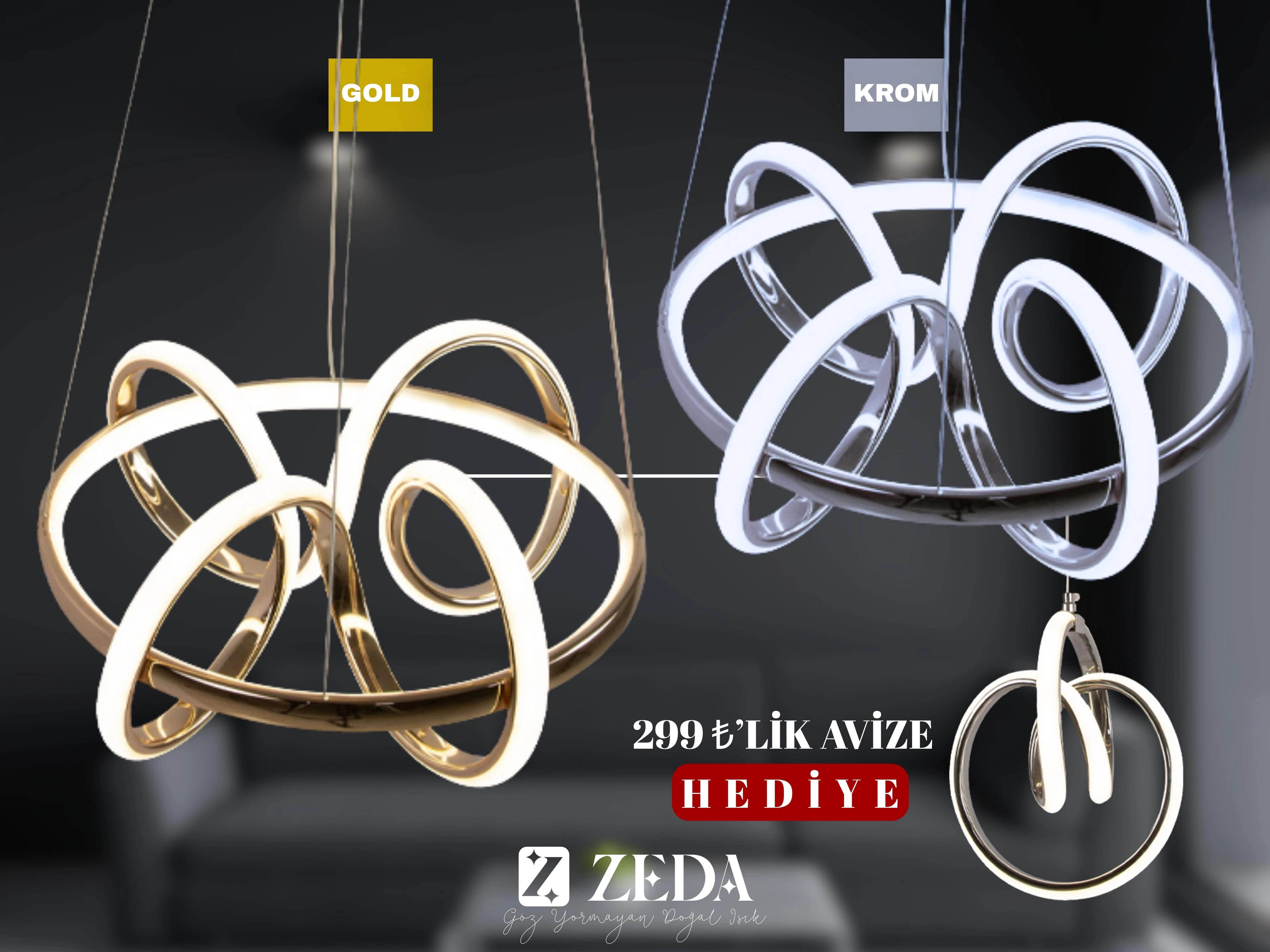 Hediyeli 2 adet Kuzey Led Avize Gold ve Krom