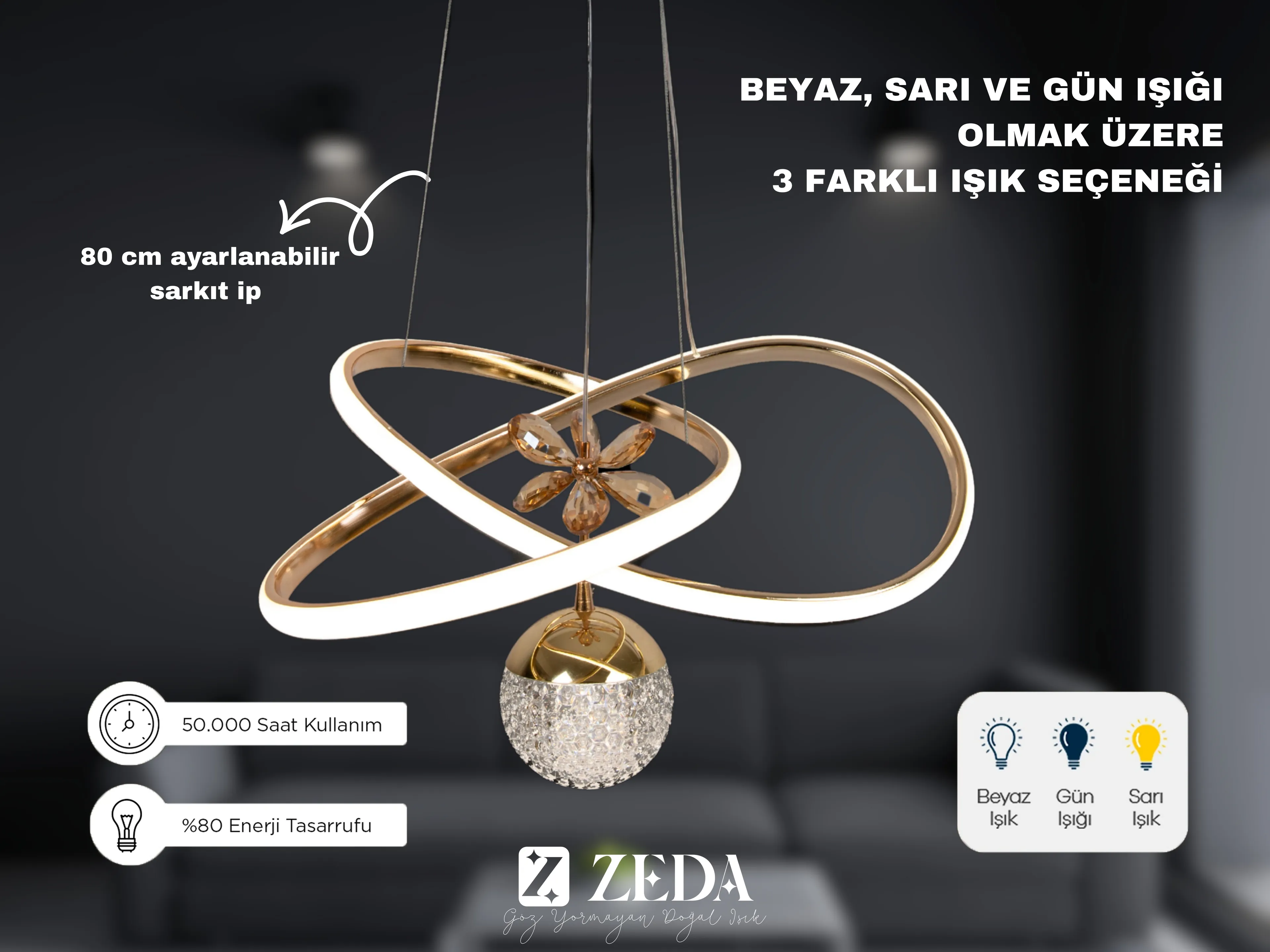 Hediyeli 2 Adet Orta Karçiçeği Led Avize Gold ve Krom