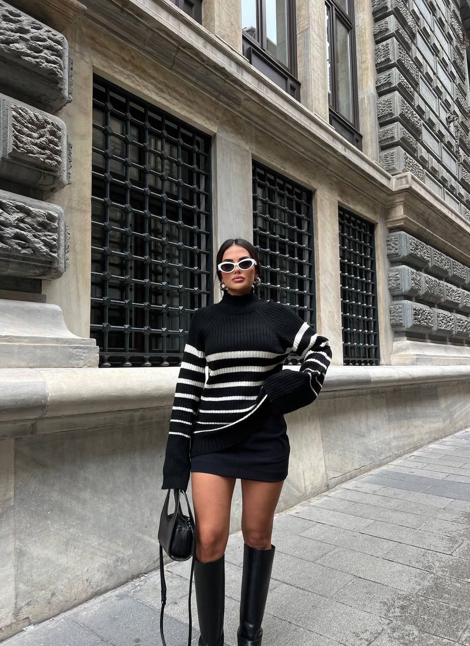 SHORT TURTLEAN STRIPED KNIT SWEATER